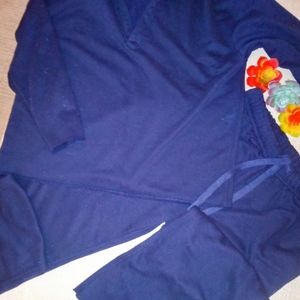 Two Piece Lounge Wear Set, Navy Blue V- Neck Sweater Wide Leg Pants. Size Medium